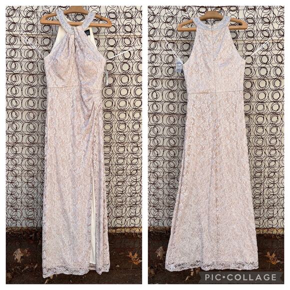 Alex Evenings Long Halter Lace Sheath Dress with Skirt Slit in Taupe Size 8 - Picture 2 of 7